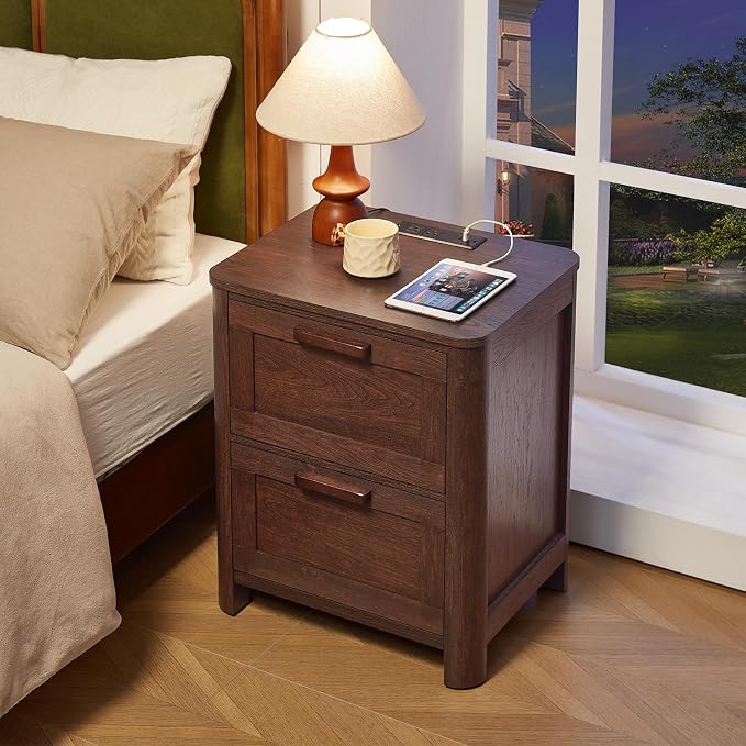 Joaxswe Farmhouse Nightstand Set of 2 with Charging Station, End Tables Bedroom with 2 Large Drawers & 4 Thickened Table Legs, Walnut