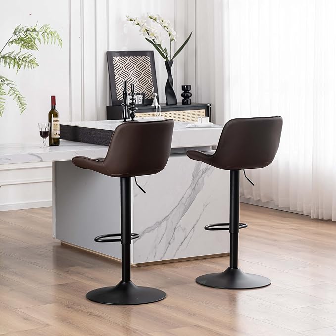 YOUTASTE Bar Stools Set of 2, Adjustable Swivel Counter Height Barstools with Back, Brown Faux Leather Upholstered Bar Chairs with Metal Base, Stools for Kitchen Island or Home Bar