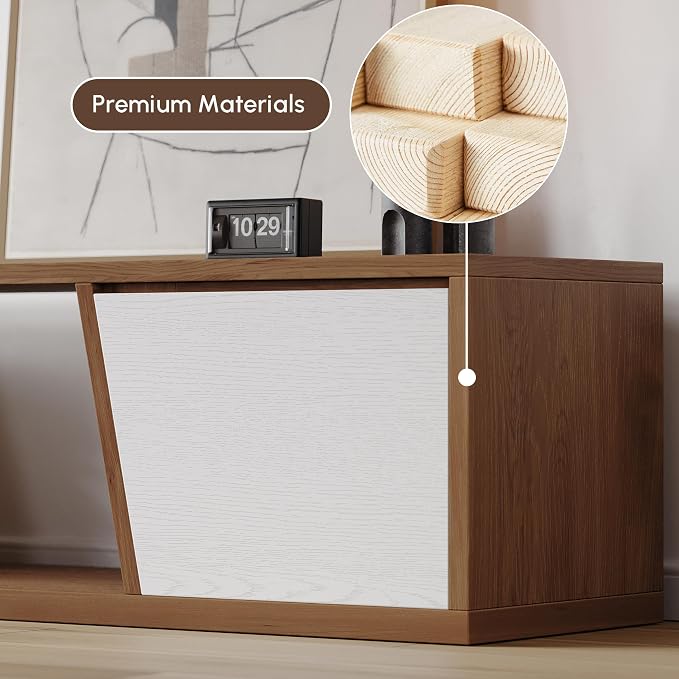 homary Extendable TV Stand with 3 Drawers Minimalist Rectangle Entertainment Center White & Walnut TV Console Up to 110" (70.9”W-110.2”W)
