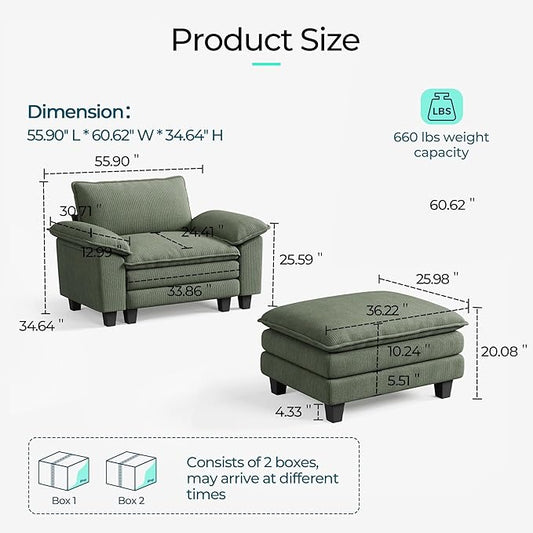 LINSY HOME Cloud Sofa Accent Chair with Ottoman Chaise Lounge Chair Indoor, Corduroy Couch Sofa Chair for Living Room Apartment Bedroom Office, Green