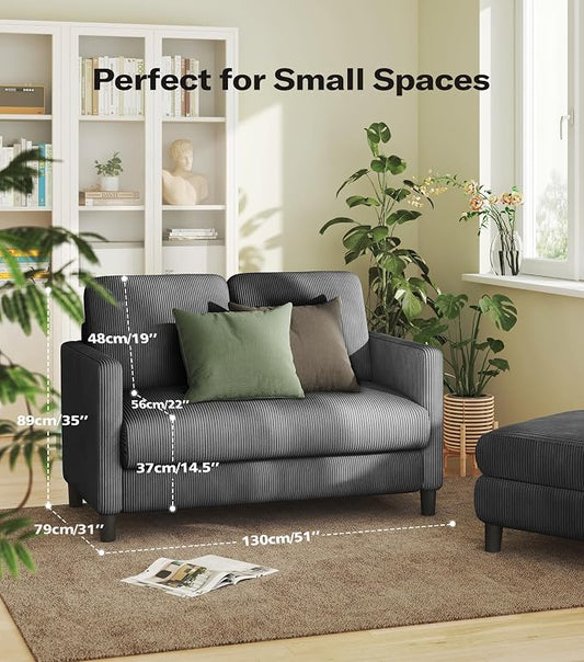 Welzona Loveseat Sofa, 51" Love Seat, Comfy Corduroy Small Loveseat for Small Spaces, Tool-Free Setup Couch for Bedroom, All-Wood Couches for Living Room, Grey