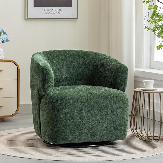 SOFTHION Swivel Accent Chair, Chenille Barrel Chair for Living Room, Cozy Round Boucle Arm Chair, Metal Base for Club Nursery Bedroom, Green