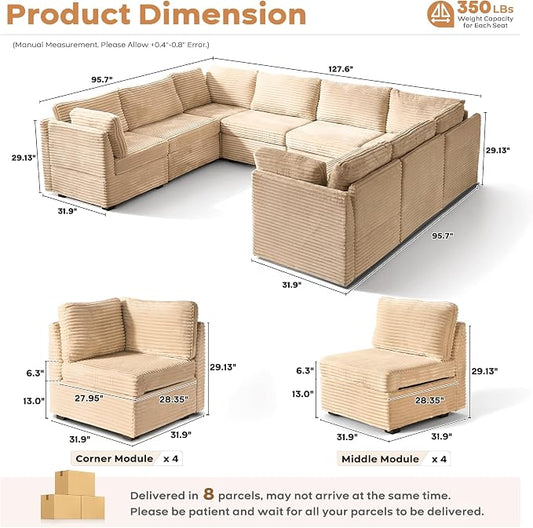 ovios Modular Sectional Sofa Couch with U-Shape Chaise Oversized, Comfy Plush Corduroy Cloud Couches, Modern Luxury Deep Seat Sofas Set for Living Room, 8-Seater, Beige