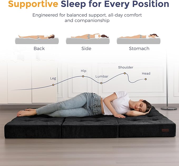 MAXYOYO 6" Folding Sofa Bed for Floor, Tufted Tri-Fold Floor Mattress with Chenille Fabric, Queen Size Portable Sofa Couch Guest Mat for Adults, Foldable Topper for Camping, Black, 59"x78.7"