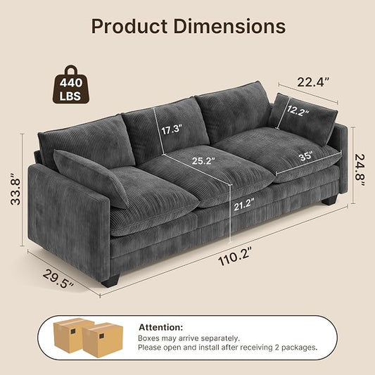 Gizoon 3 Seater Couches for Living Room, Cloud Sleeper Sofa with Double Cushion Corduroy Deep Seat Sofa Couches with 2 Pillows for Living Room Bedroom and Apartment,Pet-Friendly Fabric, Grey