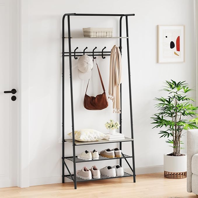 Jojoka Coat Rack Hall Tree with Shoe Storage Bench, 4-in-1 Entryway Organizer with 10 Hooks & 3-Tier Shoe Rack, Sturdy Metal Frame Freestanding Storage Unit for Hallway (Grey-Single Row, 25.2in)
