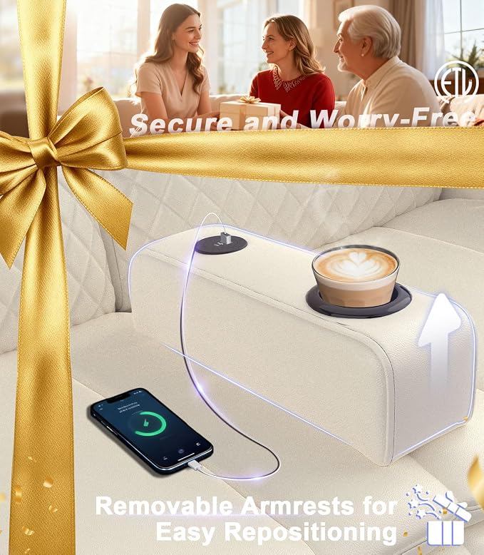 Power Loveseat Recliner Sofa, Removable Armrest 3 Seats Power Reclining Loveseat with Remote Liftable Console, Wall Hugger RV Theater Seating with Storage & USB & RGB (PU, White)