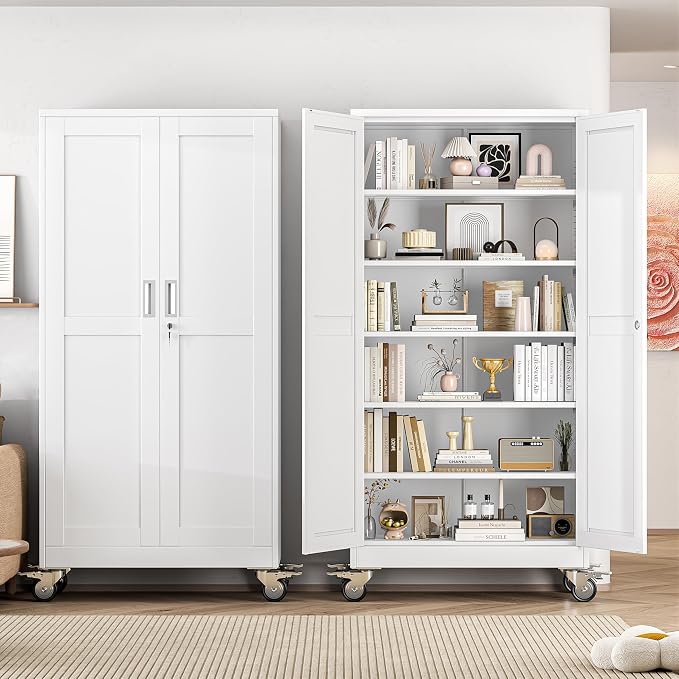 Metal Garage Storage Cabinet, 74”Tall Rolling Utility Cabinet White | storage system with Wheels, Lock, 5 Adjustable Shelves, Heavy Duty Steel Tool Locker for Home Office, Utility Room, Gym