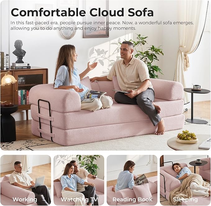 79" 5-in-1 Convertible Sofa Bed No Assembly, Boneless Couch Bed with High Density Foam, Foldable Sleeper Sofa, Corduroy Modular Couch for Apartment, Studio, Dorm Room, Small Space,Pink