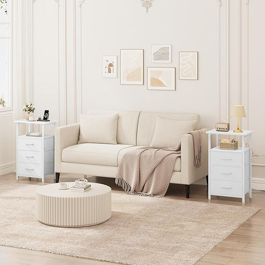 Vagusicc Nightstand Set of 2 with Charging Station, Bedside Table with USB Ports and Outlet, End Table Side Table with 2 Fabric Drawers and Storage Shelf, Bed Side Table Night Stand for Bedroom, White
