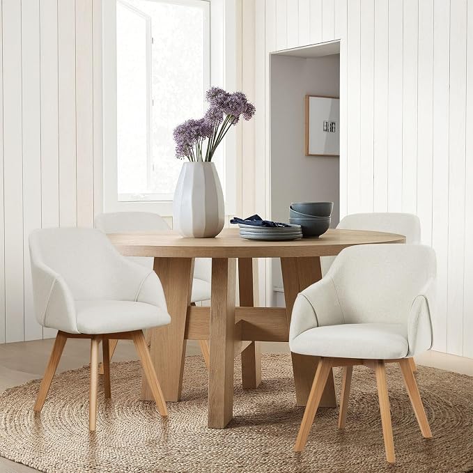 Swivel Dining Chairs Set of 4, Mid Century Modern Dining Chairs with Arms, Fabric Upholstered Kitchen Dining Room Chairs with Wood Legs for Living Room, 360°Swivel Accent Desk Chair, Beige