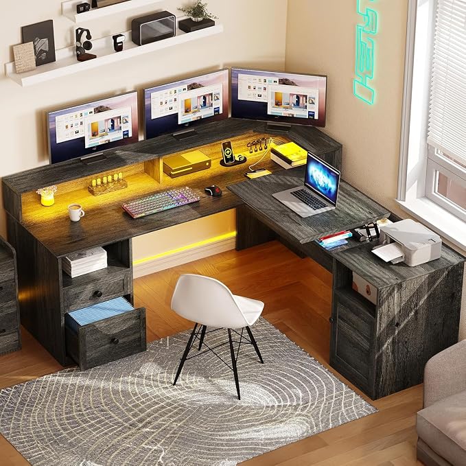YITAHOME L Shaped Desk with Power Outlets & LED Lights, 60" Corner Computer Desk with Drawers & Lift Top, Home Office Desk with Monitor Stand & File Cabinet, Wood Height Adjustable Desk, Grey