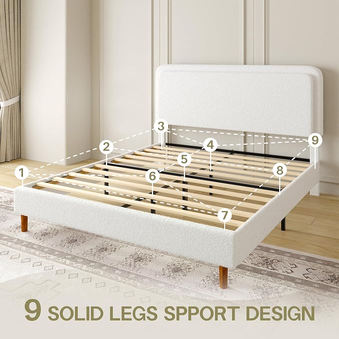 Full Size Boucle Platform Bed Frame with Adjustable Headboard, Upholstered Cloud Bed, Solid Wooden Legs, No Box Spring Needed, Easy Assembly, White