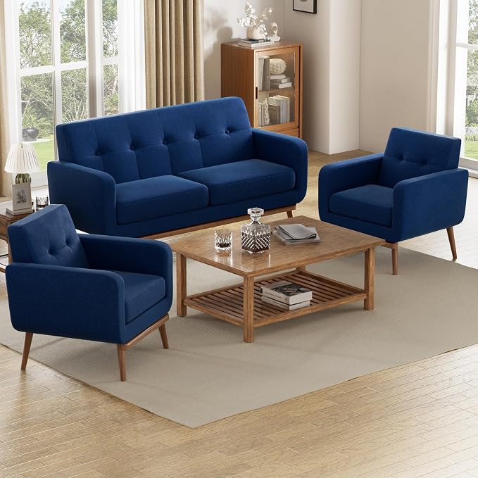 HUIMO Sofa Couch, Mid Century Modern Sofa with Solid Wood Frame, Button Tufted Couch for Bedroom, Living Room, Office, Apartment (Dark Blue, 60 inch)