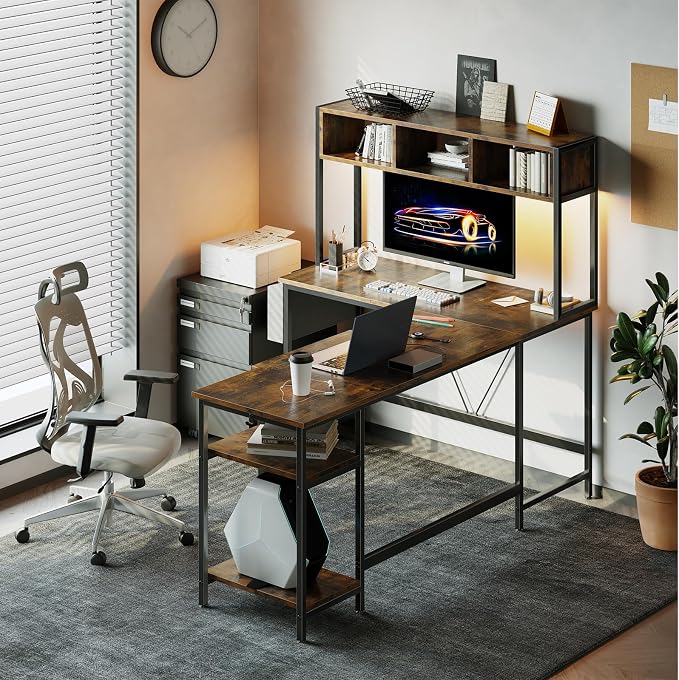 DUMOS 67" L Shaped Gaming Desk, Reversible Computer Desks with LED Lighting, Corner Desk for Compact Spaces with Keyboard Tray & Storage Shelf, Metal Frame PC Gaming Table for Home Office,Rustic Brown