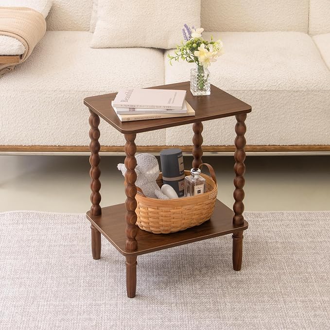 Fultyle Small Side Table, Walnut End Table with 2-Tier Shelf, Vintage Nightstand Coffee Table for Bedroom, Living Room, Small Spaces (Walnut Brown)