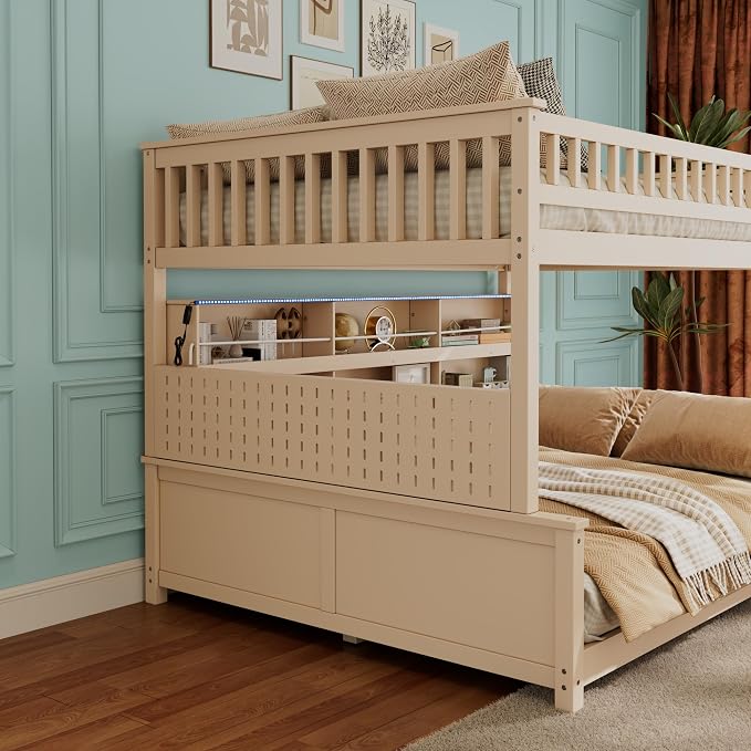 Merax Full Over Queen Bunk Bed,Wood bunk Bed with LED,Bed with Integrated Shelving, Color-Changing Lights and Pegboard, Full XL Over Queen, Beige