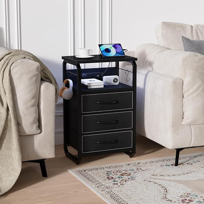 runjuly Bedside Table with 3 Fabric Drawers, LED Nightstand with Hooks, Metal Night Stand, Small End Table with Charging Station and Storage, Night Table for Bedroom, Modern Black
