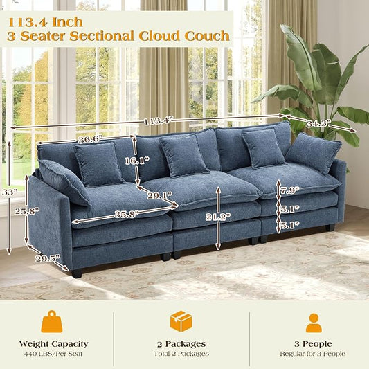 113.4" Modular Sectional Sofa,Cloud Couch for Living Room, Modern Deep Seat Sofa 3 Seater Chenille Fabric Comfy Couches with Throw Pillows for Apartment