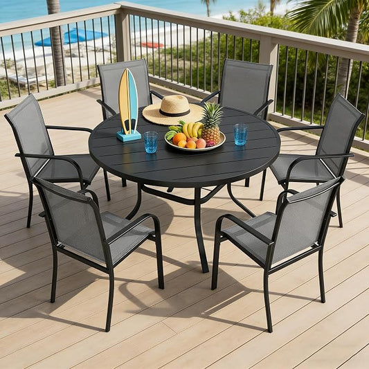 SUNCROWN 7 - Piece Outdoor Dining Set, Patio Furniture Set with 6 x Textilene Dinning Chairs and 53" Metal Round Table with Umbrella Hole for Lawn Garden Backyard Deck, Grey