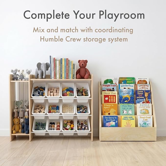 Humble Crew Toy Storage Organizer with Stuffed Animal Storage, 12 Removable Storage Bins for Kids Playroom, Toy Organization and Storage, Solid Wood, Natural/White
