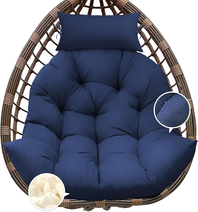 Outdoor Hanging Egg Chair Cushion Replacement, Thicken Egg Chair Cushion Waterproof Basket Eggs Chairs Cushion with Headrest Pillow, U-Shaped Cushions for Hanging Eggs Chairs Swing (Blue)
