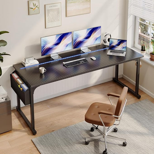 DurayLoly 71" Gaming Desk with LED Lights, Large Office Desk for 3 Monitors or 2 laptops,Long Desk with Storage Bag&Headphone Hook for Study Writing Work Wood Desk,Sturdy Metal Frame,Black