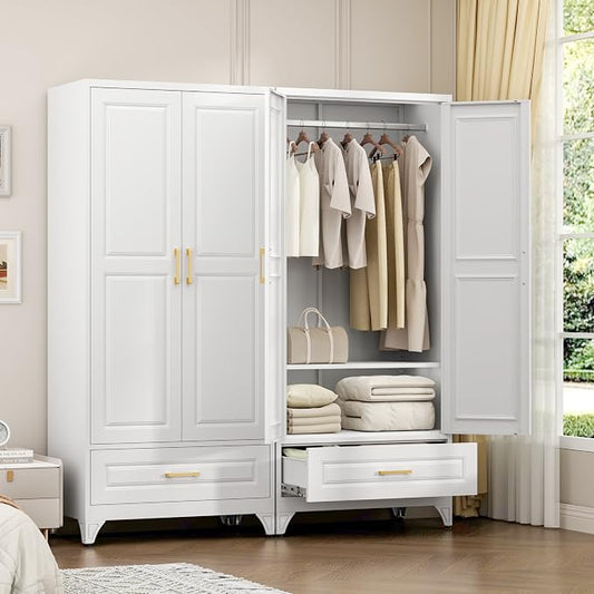 71" Tall Armoire Wardrobe Closet with with Drawer, Metal Storage Wardrobe with Hanging Rod, Clothing Storage Cabinets, White Bedroom Armoires with Adjustable Shelf, Steel Closet Cabinet for Bathroom