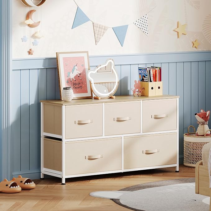 WLIVE Dresser for Bedroom with 5 Drawers, Wide Chest of Drawers, Fabric Dresser, Storage Organizer Unit with Fabric Bins for Closet, Living Room, Hallway, Cream White