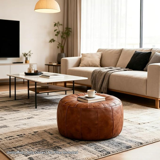 Thgonwid Unstuffed Moroccan Storage Pouf Foot Stool Ottoman Seat Handmade Faux Leather Bean Bag Floor Chair Foot Rest for Living Room, Bedroom or Balcony (Light Brown)