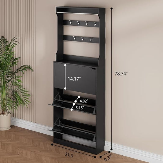 Shoe Storage Cabinet, Wood Shoe Organizer for Entryway with 3 Flip Drawers, Freestanding Shoe Rack with Adjustable Shelf, Narrow Shoe Dresser for Front Door Entrance (Black, Tall 3 Drawers)