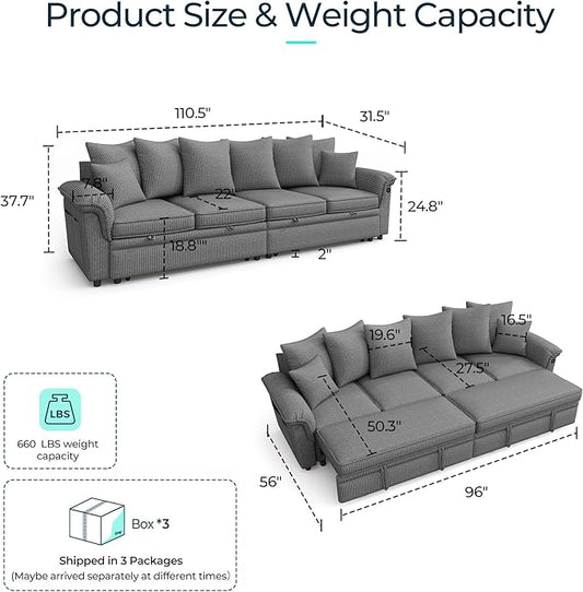 LINSY HOME Oversized Sectional Sleeper Sofa with Pull Out Couch Bed (Gray, 110.5'') | USB Charging