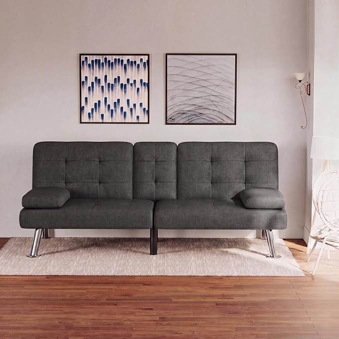 Flamaker Futon Sofa Bed Modern Folding Futon Set Linen Fabric Convertible Recliner Lounge for Living Room with 2 Cup Holders, Removable Armrests (Fabric, Carbon Black)