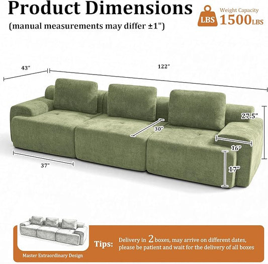 122" Oversized Boneless Couch, Comfort Cloud Sectional Couches for Living Room, Modular Sofa High Back & Extra Deep Seat, No Assembly, Soft Chenille Fabric (Olive Green, 122 inch-(3+0))