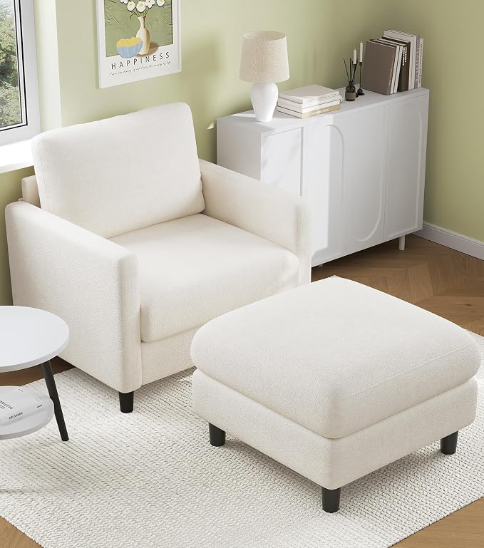 Welzona Sofa Accent Chair with Ottoman, 33" Reading Chair and Ottoman Set for Bedroom, Tool-Free Setup Living Room Accent Chairs, Comfy Arm Chairs Living Room, All-Wood Reading Nook, Beige