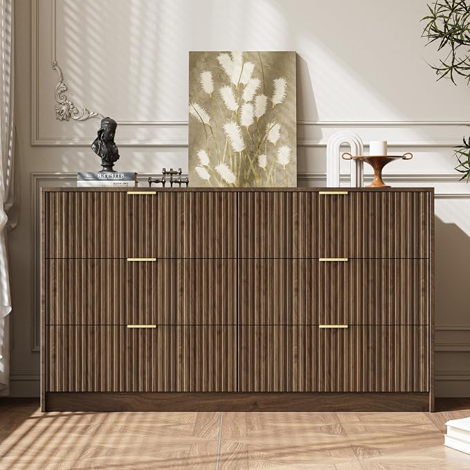 MAISONARIA 3-Piece Dresser Bedroom Set, 6 Drawer Dresser & 3 Drawer Nightstands with Gold Handles, Fluted Wood Chest of Drawers for Bedroom, Living Room, Entryway,Walnut