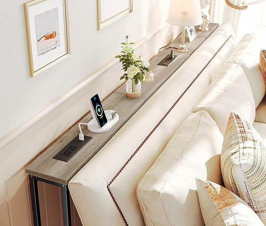 SUPERJARE 78.8 Inch Narrow Console Table with Outlet, Sofa Tables, Behind Couch Table, Long Entryway Tables with Charging Station, for Living Room, Oak