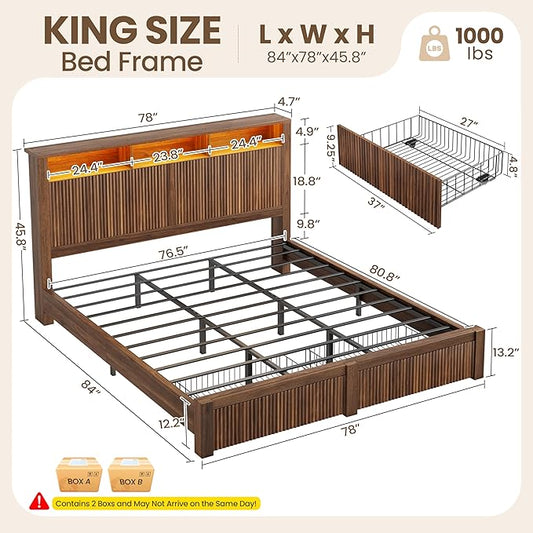 CypBed King Size Bed Frame and Headboard& 2 Storage Drawers, King Bed Frame with LED Light and Charging Port, Farmhouse Wavy Design, Wood & Metal Platform, Noise-Free, No Box Spring Needed, Walnut