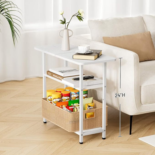 SLEEPING LAMB Side Table for Living Room, 3-Tier End Table for Small Space with Wide Storage Tabletop, Elegant White Narrow Nightstand for Bedroom, Sofa Couch