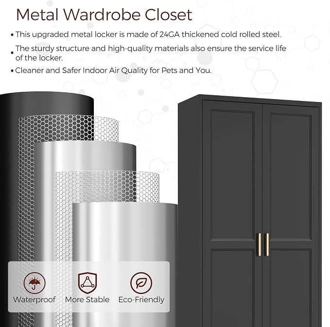 Metal Armoire Wardrobe Closet with 2 Doors, 71" Tall Wardrobe Closet with Doors, Hanging Rod, Drawers and Adjustable Shelves, Black Clothing Storage Cabinets for Bedroom, Home Office