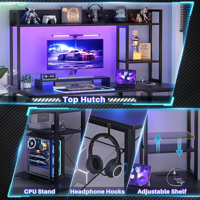 Cyclysio Gaming Desk with Hutch, 47'' Computer Desk with LED Lights & Power Outlets, Home Office Desk with Reversible 5 Tiers Storage Shelves & Monitor Stand, Small Gaming Table for Small Space, Black