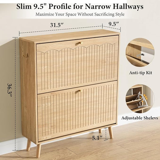 Nicetree Arch-Chic Shoe Cabinet for Entryway, Modern Mid-Century Shoe Storage Cabinet with Fluted, Narrow Shoe Rack for Entryway with Adjustable Shelves & Tipping Protection,Light Oak