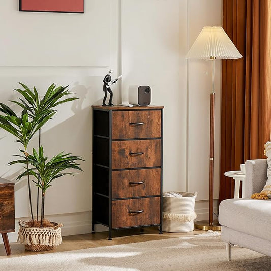 DUMOS Nightstand with 4 Drawers, Fabric Dresser Bedside Table with Removable Bins, Sturdy Steel Frame Wood Top Organizer Furniture for Bedroom Dorm Closet Living Room