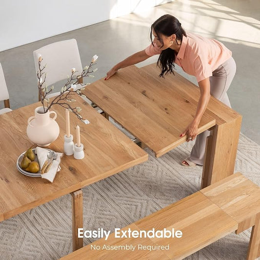 Transformer Table - Solid Wood Extendable Dining Table with Bench and 4 Stackable Chairs, Seats 2-12, Expandable Table, Kitchen and Dining Room Furniture, Natural (Table + Bench + 4 Chairs)