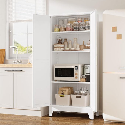 61”H Metal Kitchen Pantry Cabinet, Pantry Cabinets with 2 Doors and 3 Shelves, Kitchen Cabinet for Kitchen, Dining Room, Living Room and Bathroom, White