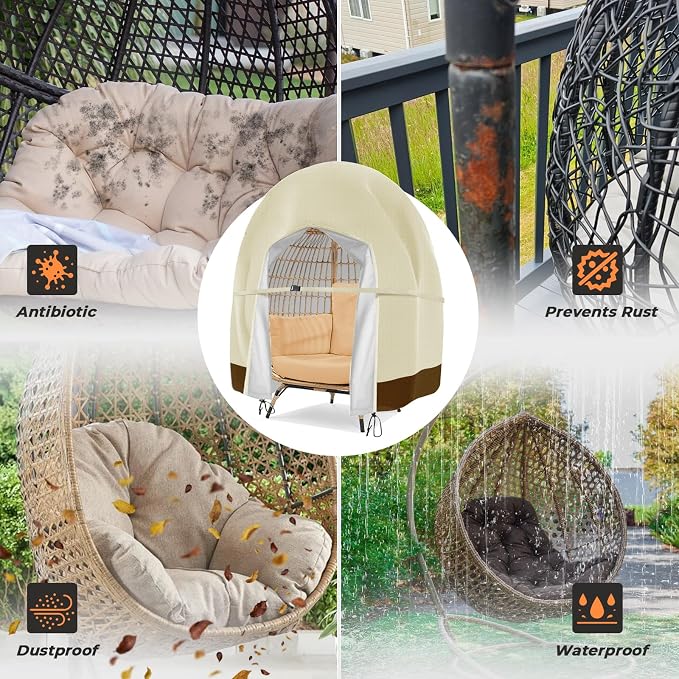 Patio Egg Chair Cover Double Wicker Egg Chair Covers for Outdoor Furniture Egg Swing Loveseat Cover Waterproof 420D Patio Chair Cover 91x80 inches (Beige)