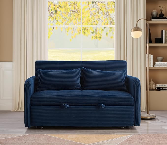 55.5" Corduroy Convertible Sofa Bed, Pull Out Sleeper Sofa Bed, Loveseat Couch with USB Charging Ports, 3 in 1 Convertible Sleeper Sofa Bed for Living Room, Apartment, Bedroom, RV, Blue