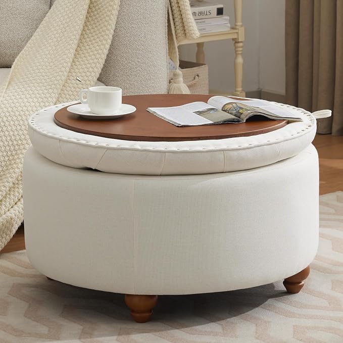 WUTUTUEE 30Inch Round Storage Ottoman with Tray, Modern Tufted Fabric Circle Coffee Table with Storage, Upholstered Ottoman with Removable Top for Living Room, Bedroom, Beige
