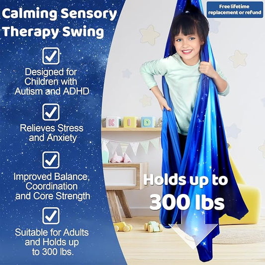 HiCamer Double Layer Sensory Swing for Kids & Adults Holds up to 300lbs Indoor and Outdoor Therapy Cuddle Swing with 360° Swivel Hanger Kit Adjustable with Aspergers Autism ADHD (Star Blue)