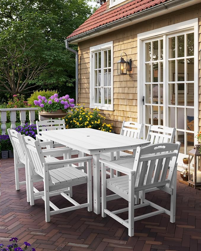 Outdoor Rectangle Dining Table, Heavy-Duty HDPE Table for 6, Weatherproof Patio Table with Umbrella Hole, Rounded Corners for Safety, White
